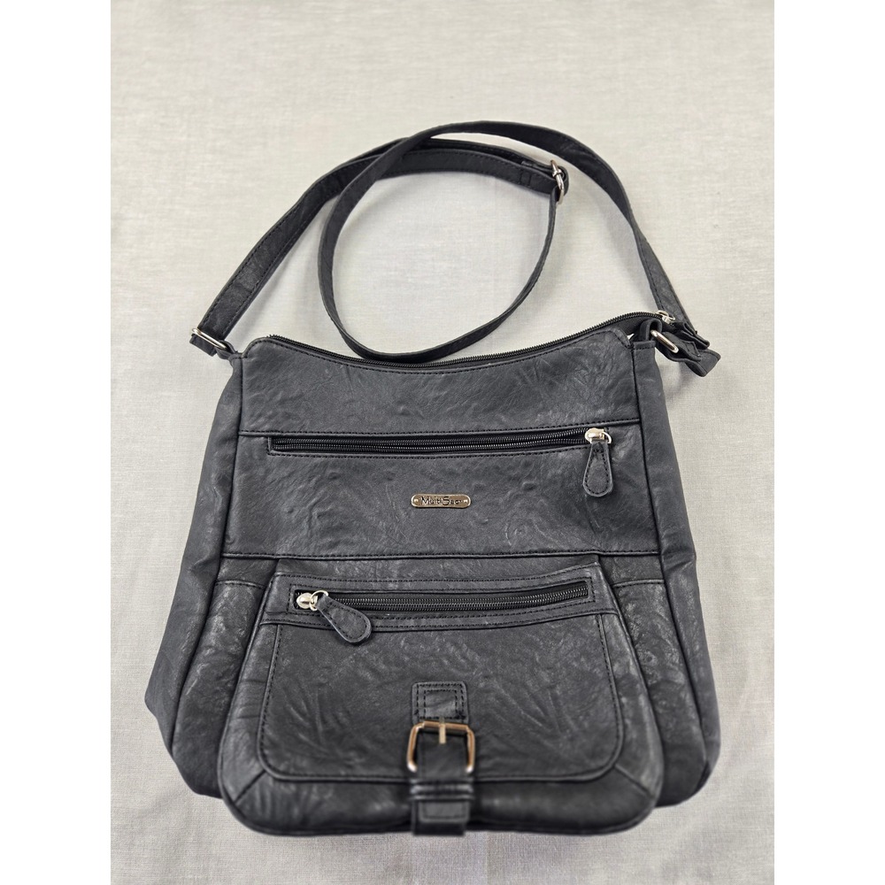 MultiSac Black Vegan Leather Crossbody Bag Multi Pocket Messenger Purse